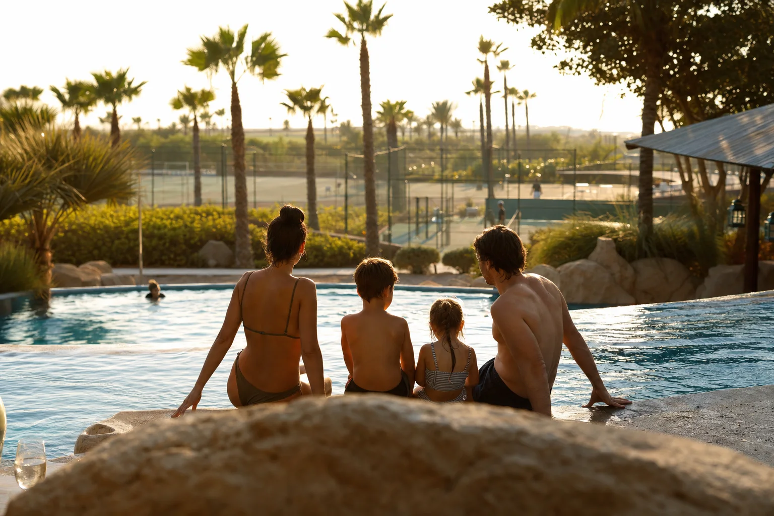 Familie am Pool eines Premium-Cluburlaub-Resorts