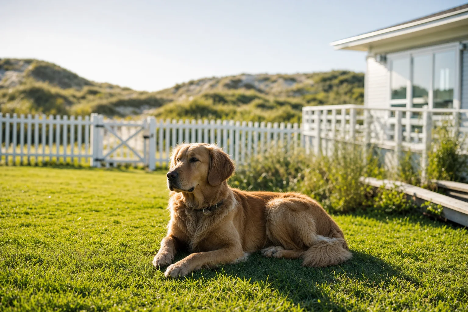 Hund im Garten eines Strandhauses