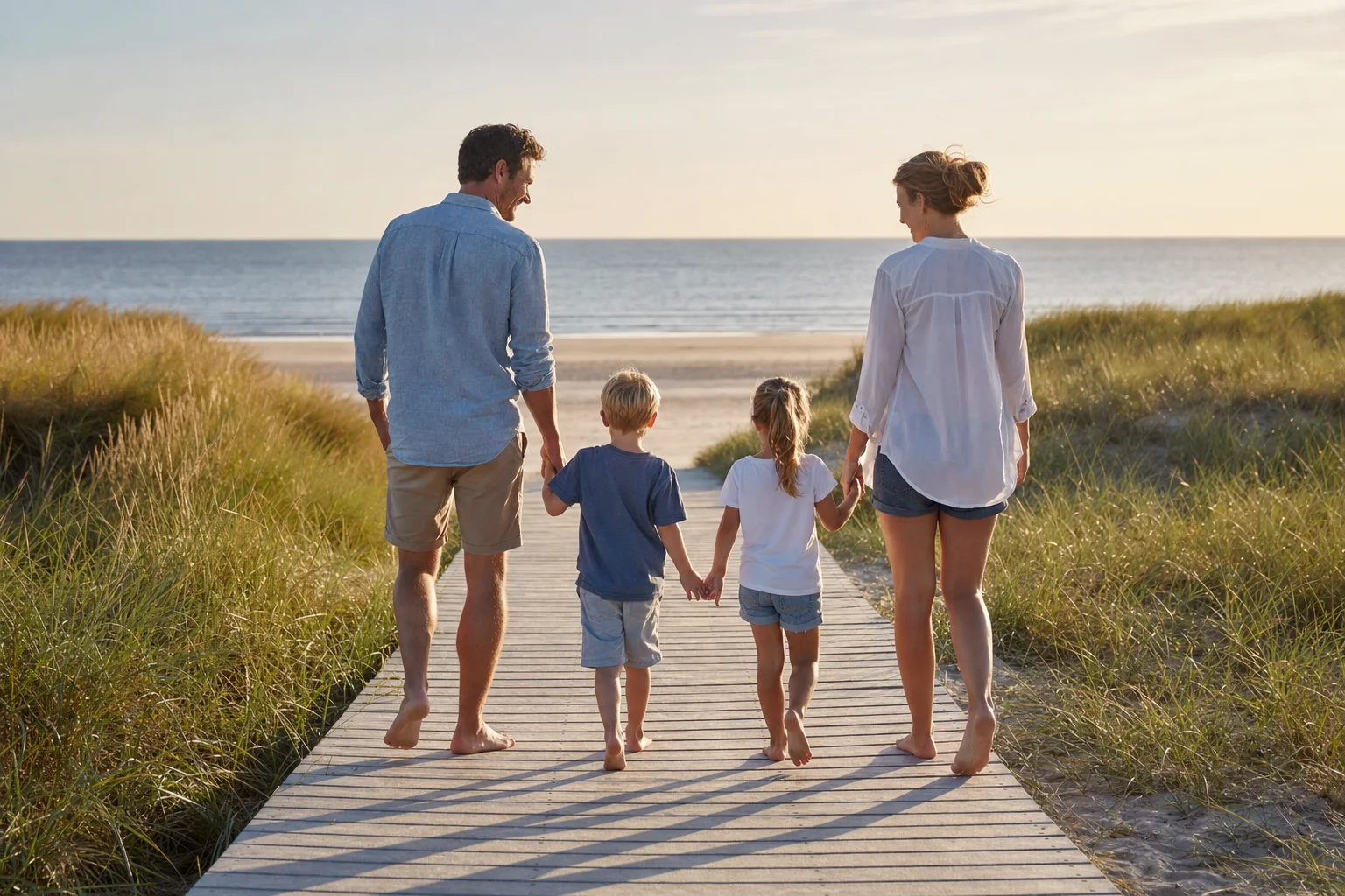 Familie auf einem Dünensteg zum Strand
