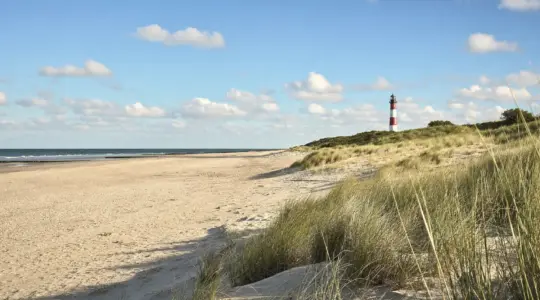 Sandstrand mit Dünen und Leuchtturm in Zeeland
