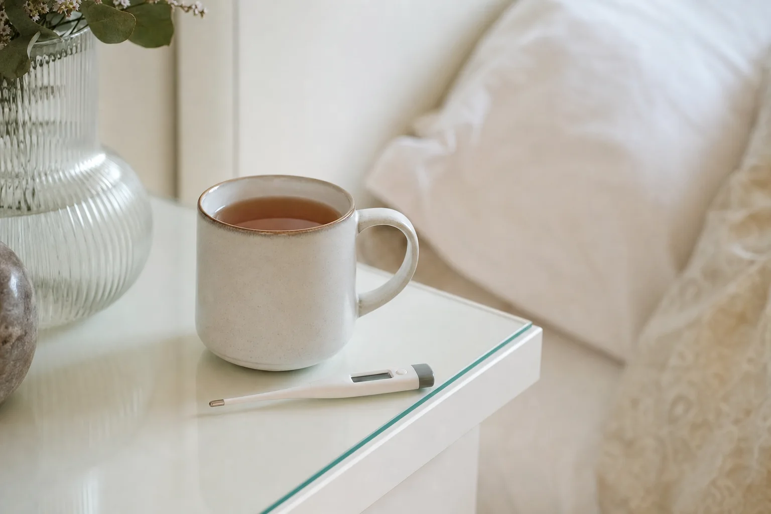 Eltern kümmern sich um ein fiebriges Kind im Bett