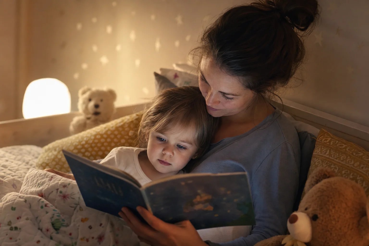 Mutter liest ihrem Kind beim Einschlafritual vor