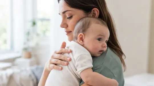 Mutter hält ihr Baby beruhigend an der Schulter