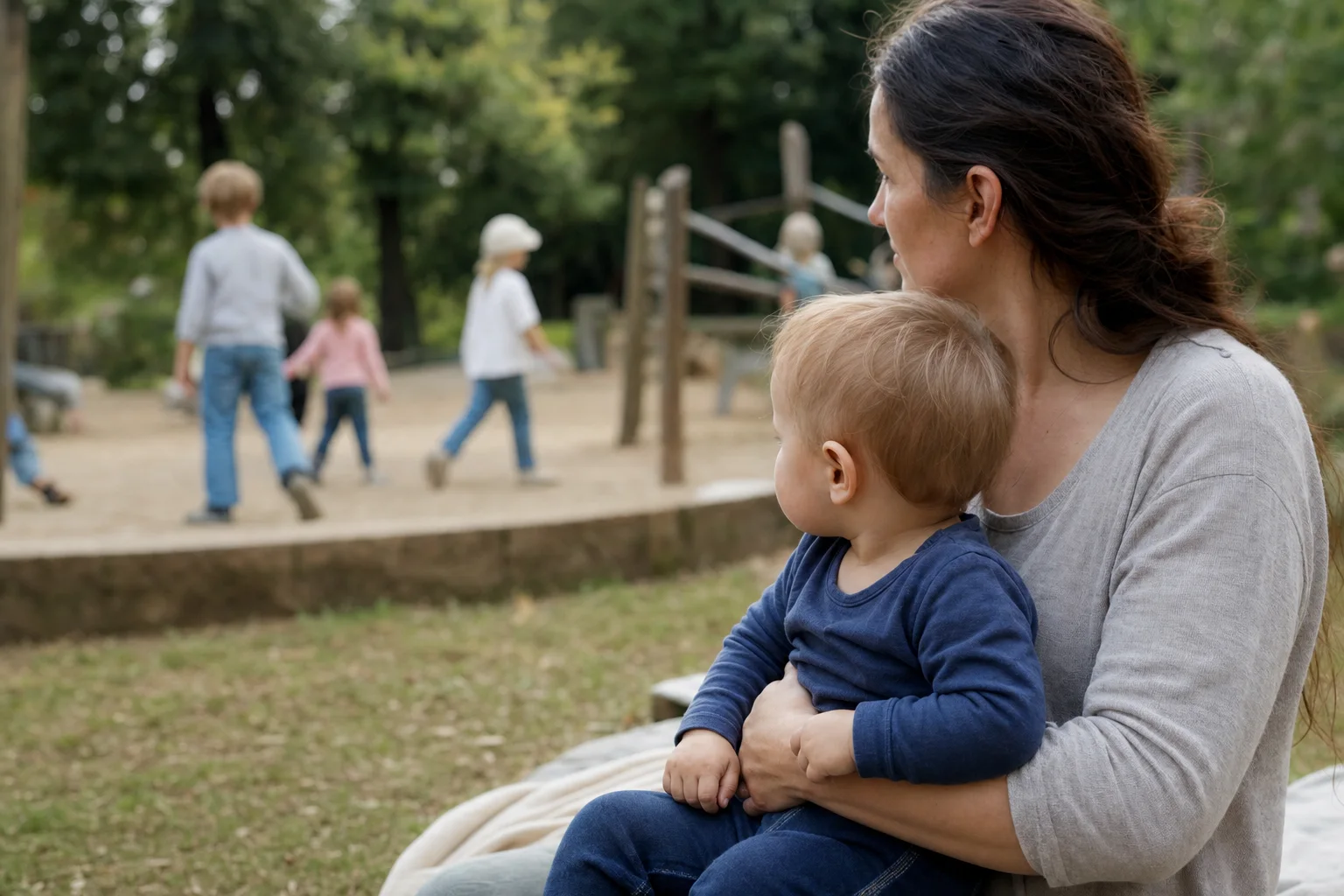 Kind beobachtet vom Schoß der Mutter aus andere Kinder