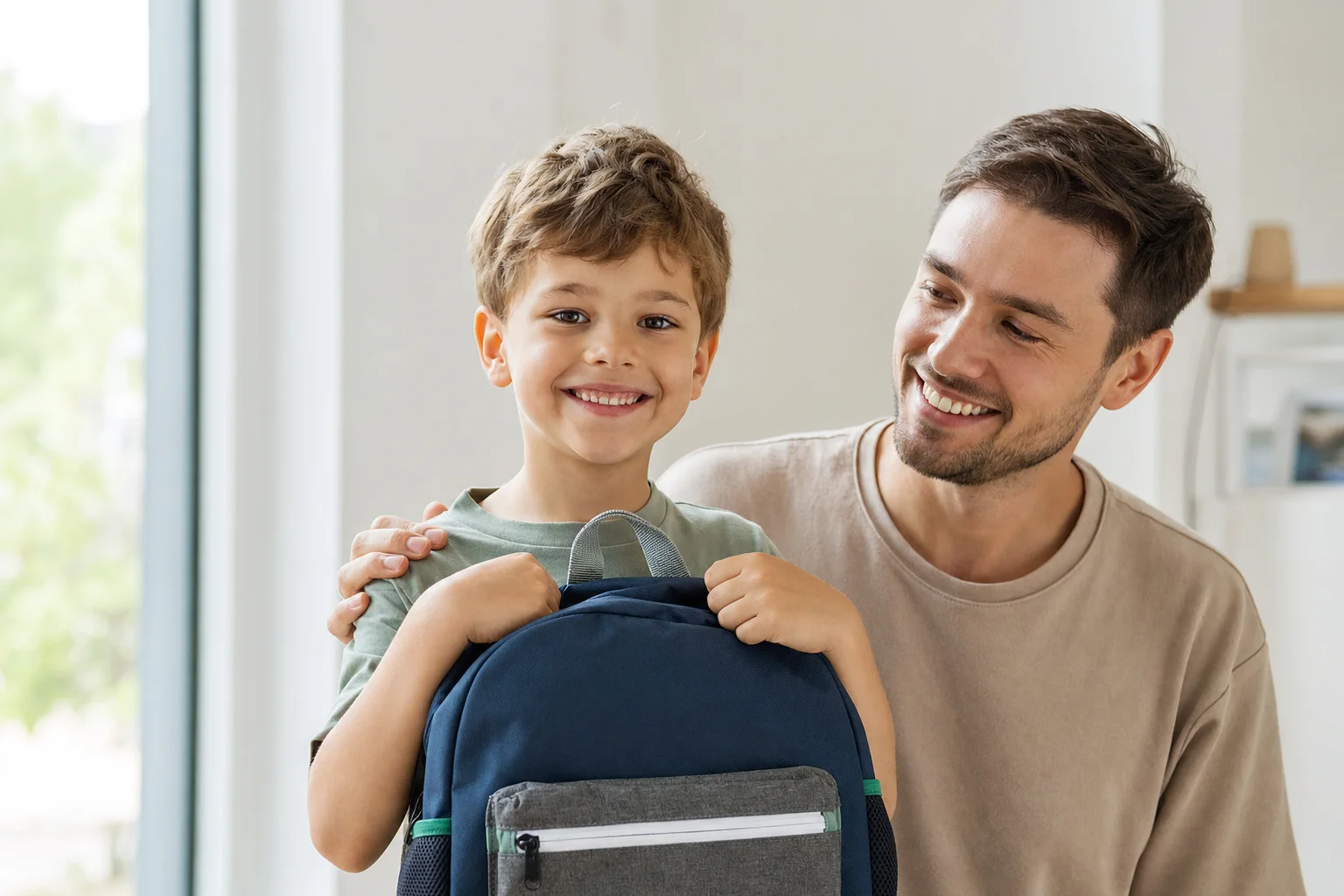 Stolzes Kind mit neuem Schulranzen, Elternteil lächelt ermutigend