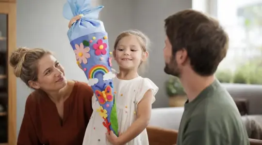 Kind hält selbst gebastelte Schultüte stolz hoch