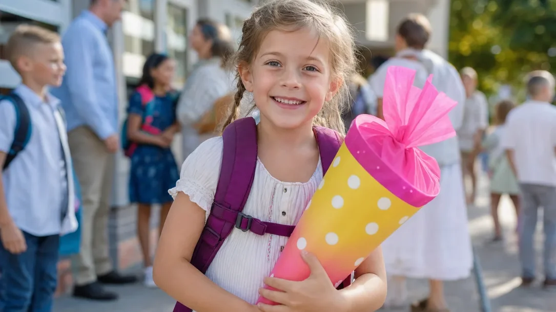 Kind hält am ersten Schultag eine große Schultüte