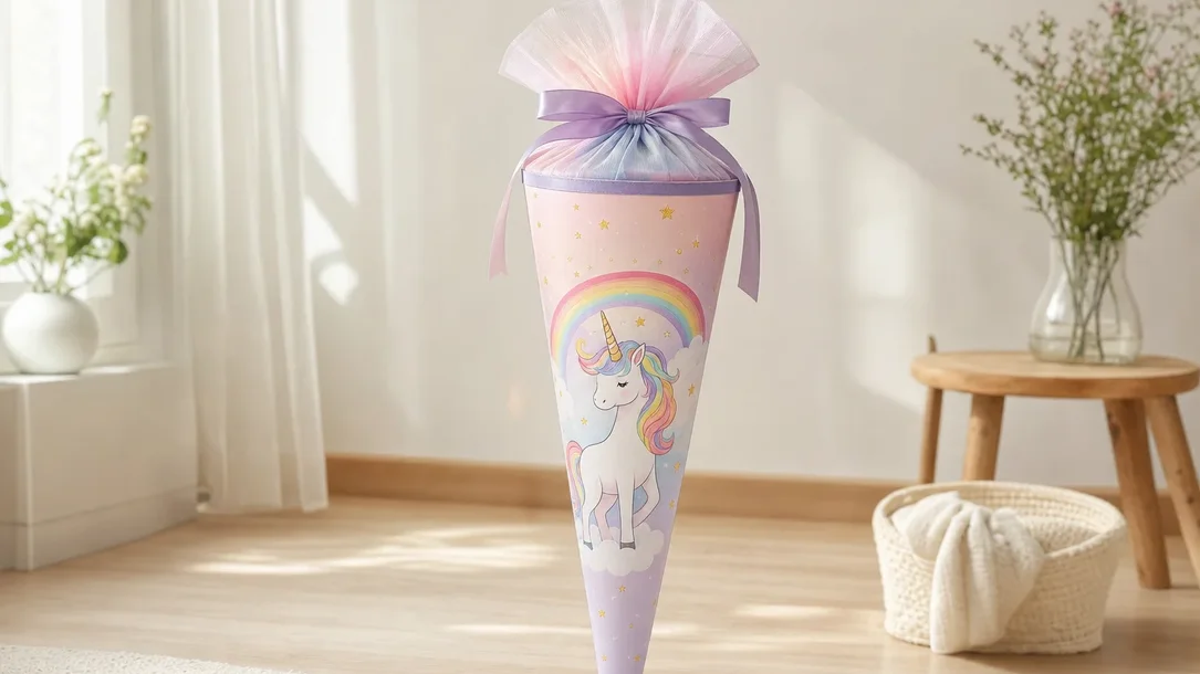 Bunte Schultüte mit Einhorn- und Regenbogen-Motiv