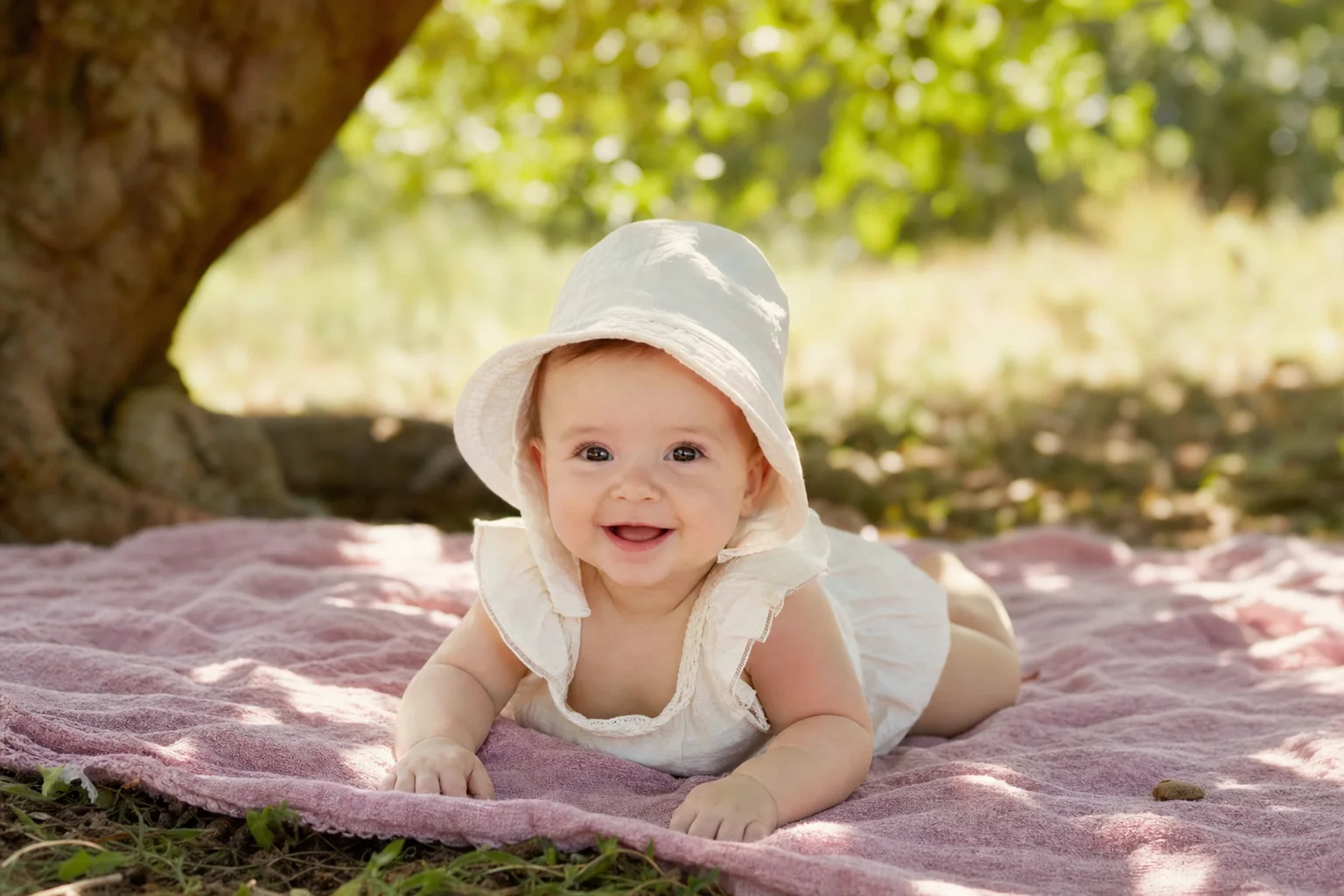 Baby mit Sonnenhut auf einer Decke im Schatten