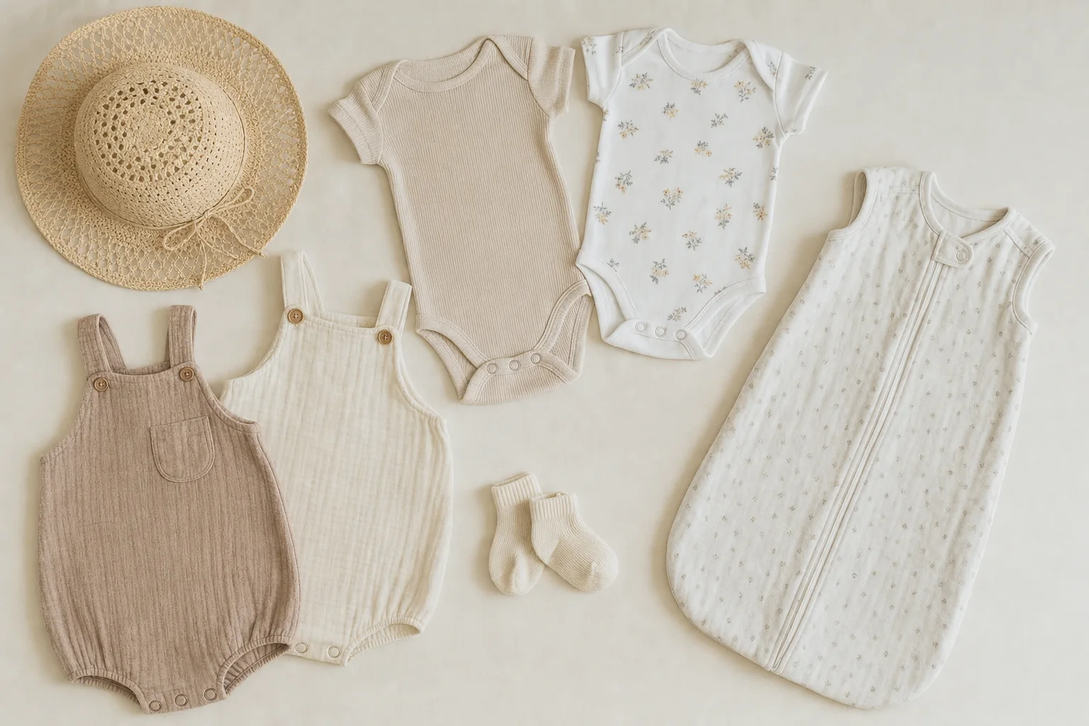 Leichte Sommer-Babykleidung als Flatlay