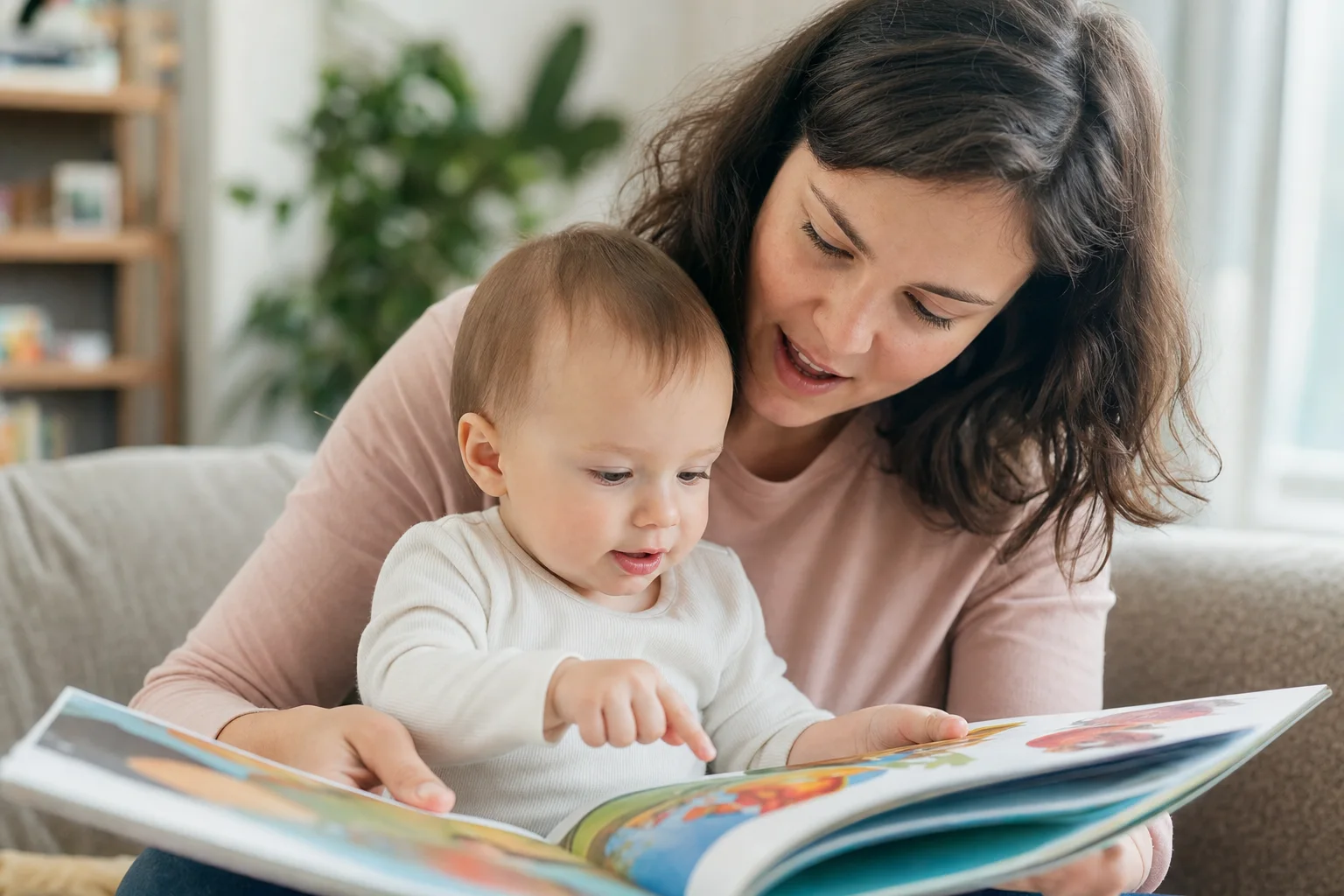 Elternteil betrachtet mit dem Baby ein Bilderbuch