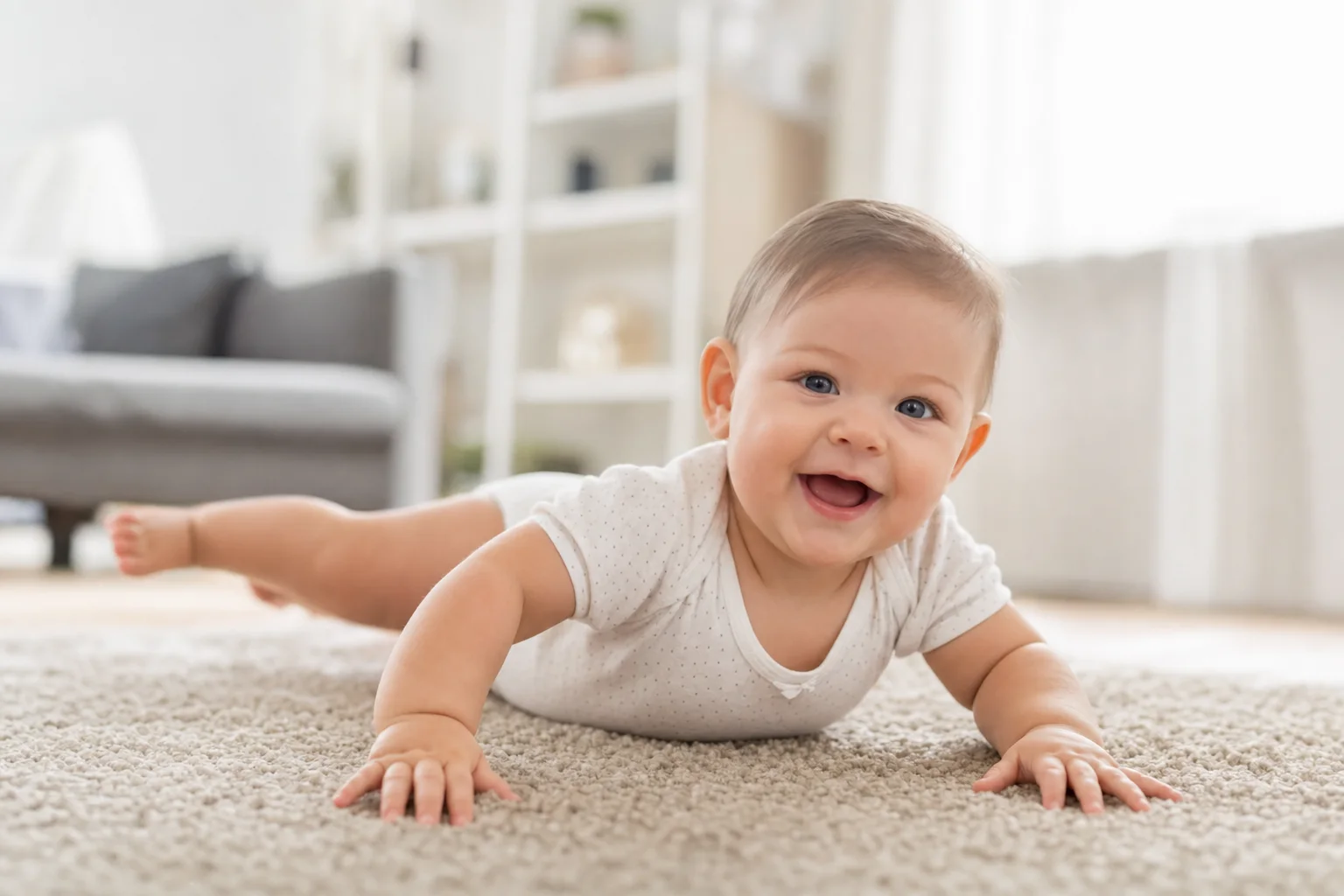 Baby übt tagsüber vergnügt neue Bewegungen