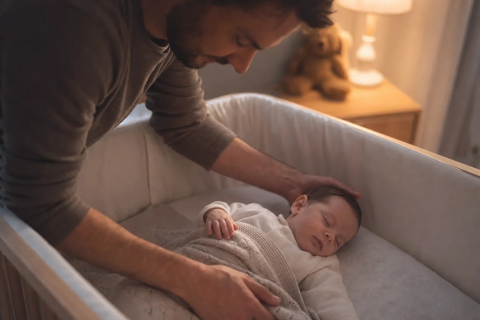 Elternteil legt behutsam ein schläfriges Baby ins Bettchen