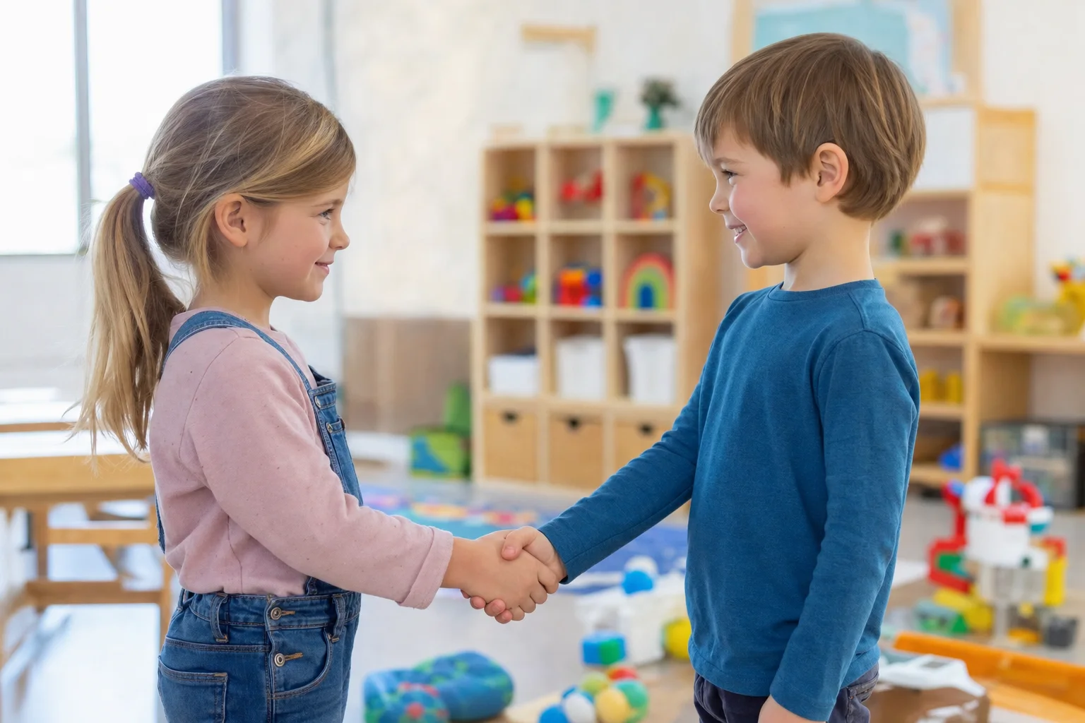 Zwei Kinder versöhnen sich selbst nach einem Konflikt