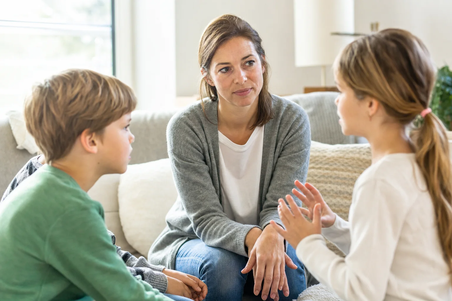 Elternteil hört beiden Kindern aufmerksam zu