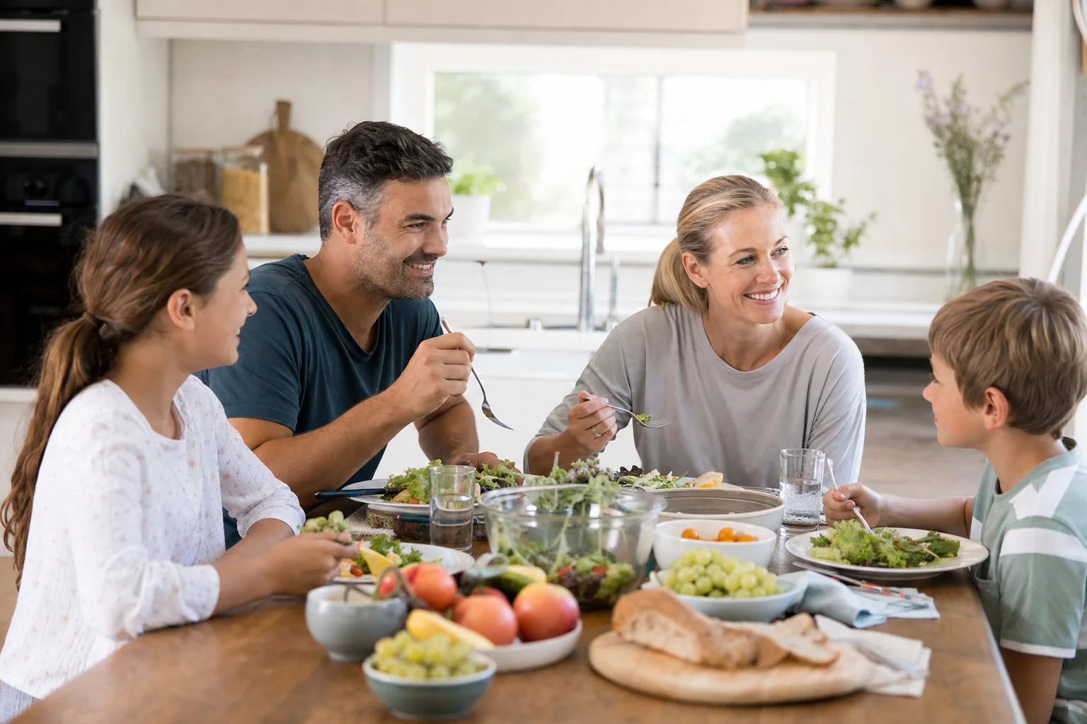 Familie isst gemeinsam ausgewogen am Tisch