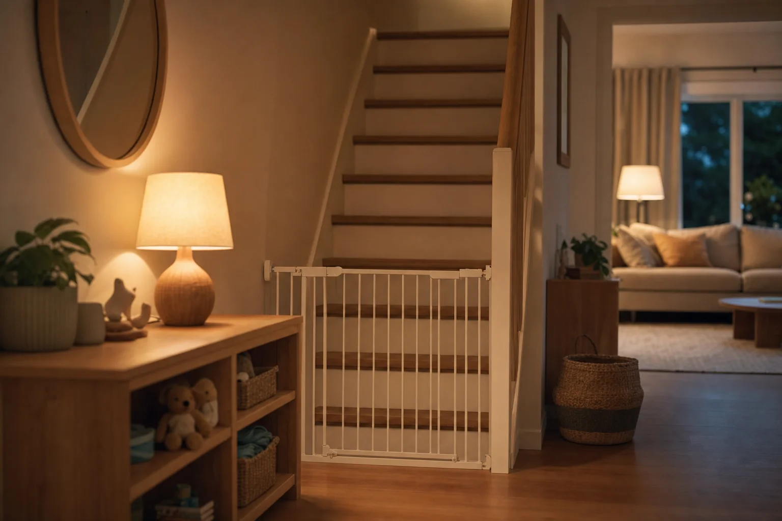 Sicheres Zuhause mit Treppenschutzgitter am Abend