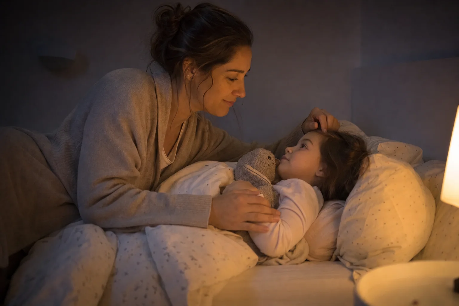 Elternteil begleitet das Kind ruhig zurück ins Bett