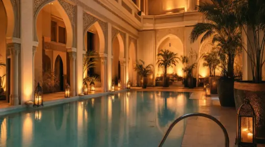 Thermenlandschaft mit beleuchtetem Pool