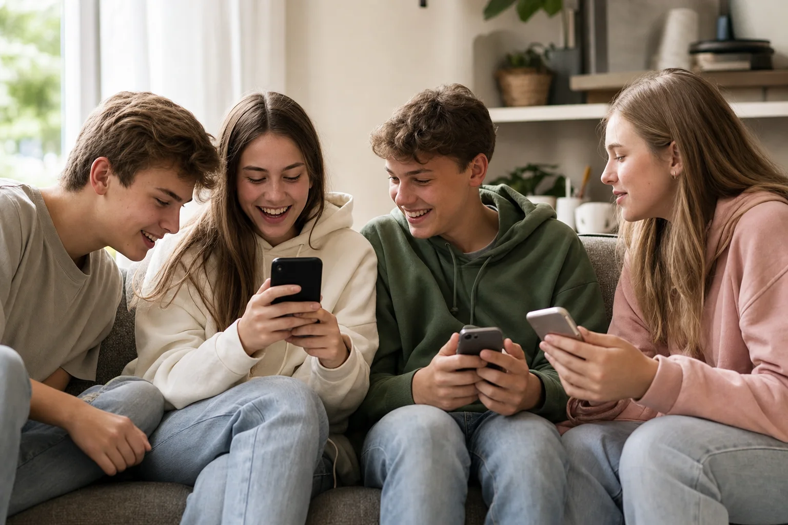 Gruppe Jugendlicher sitzt lachend zusammen mit ihren Handys