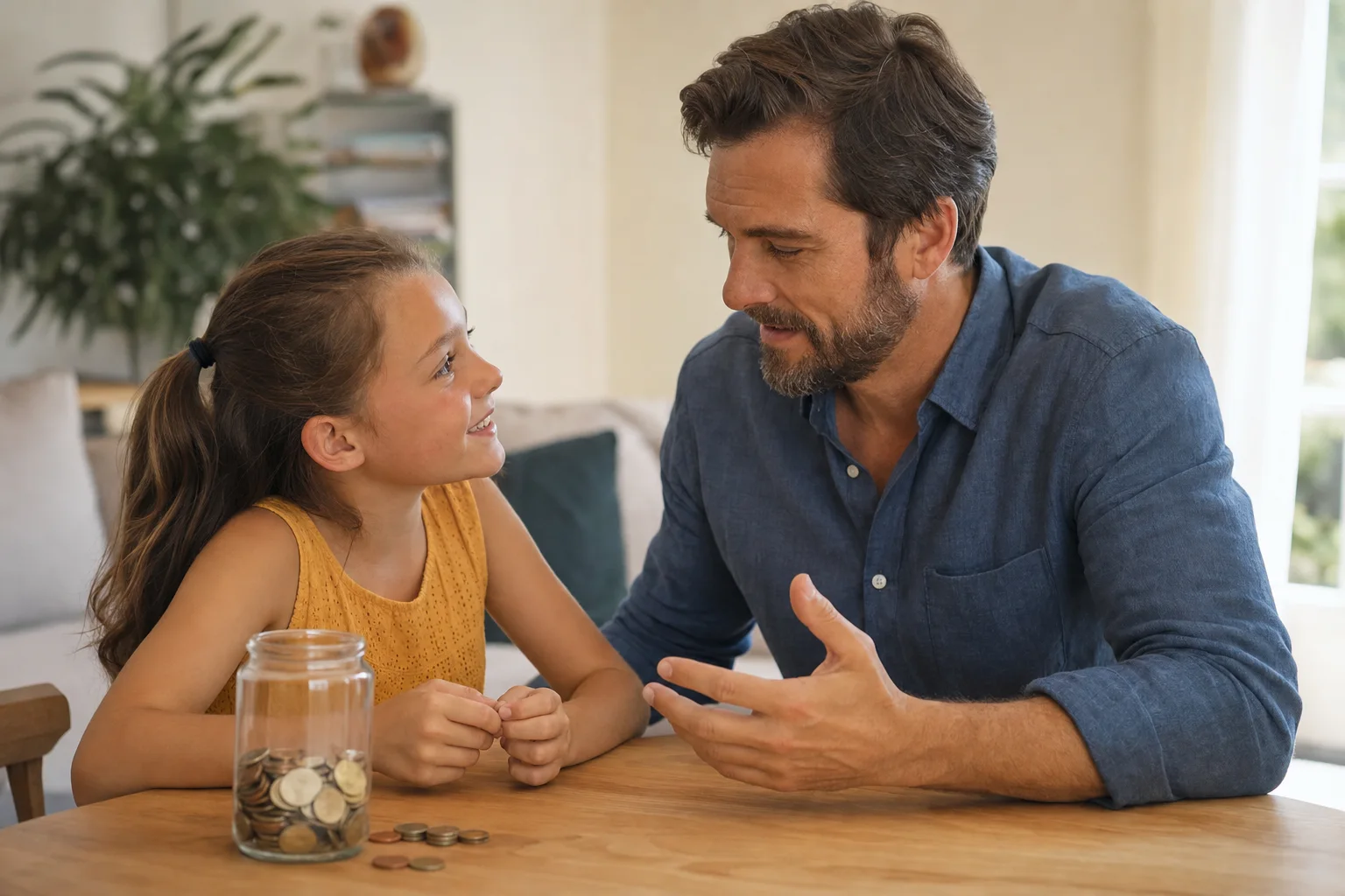 Elternteil und Kind sprechen freundlich über Geld