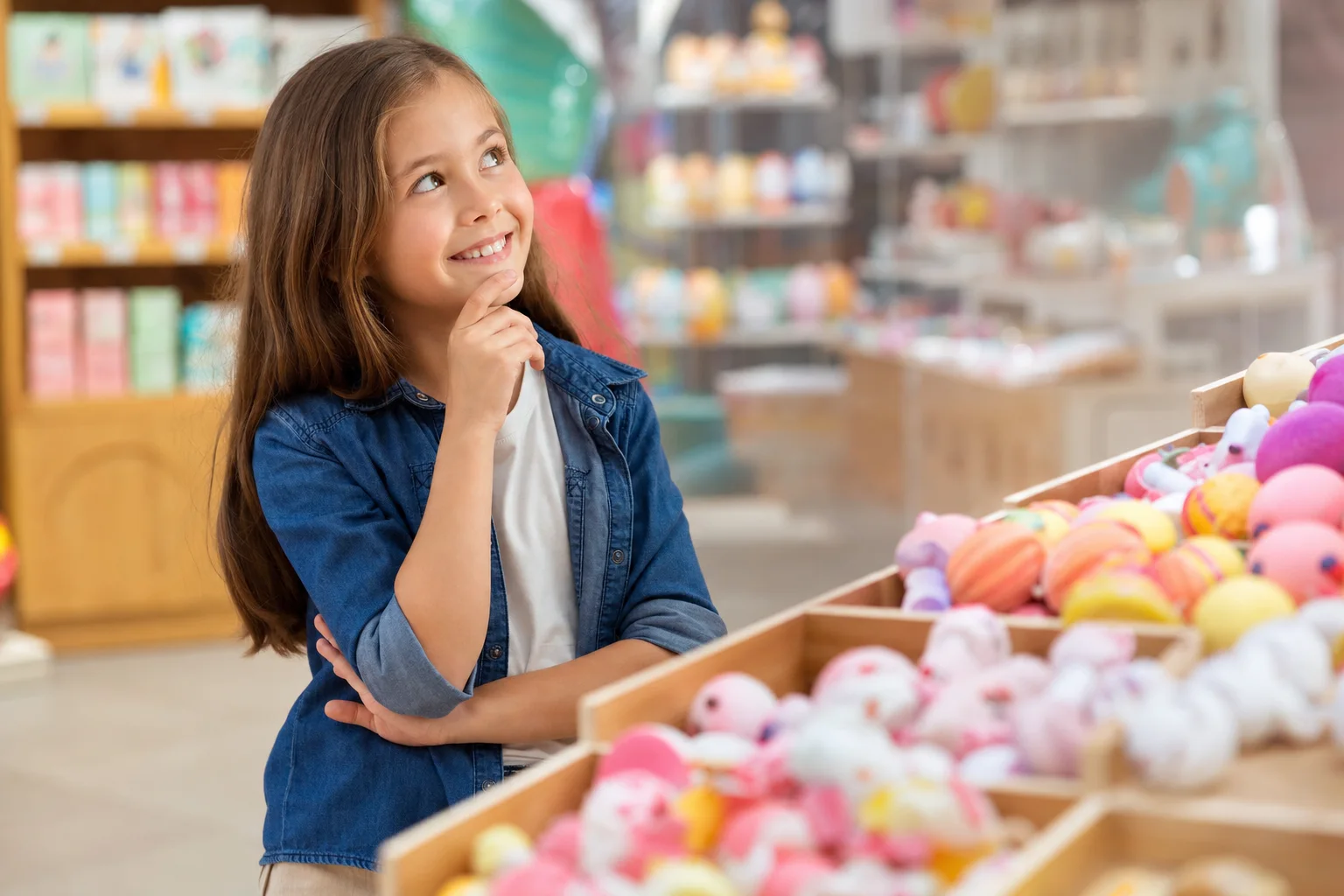 Kind überlegt im Geschäft, was es kaufen möchte