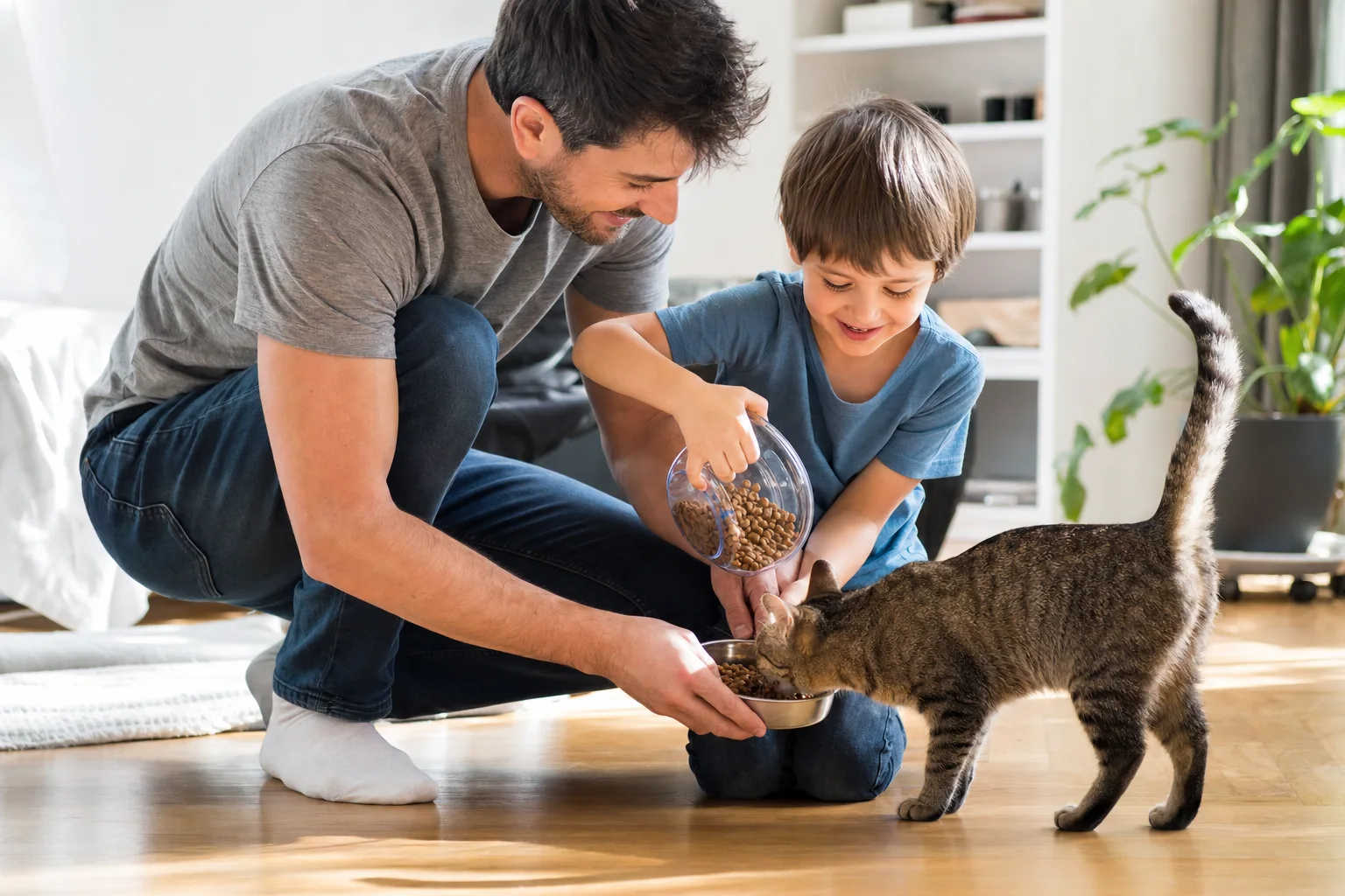 Elternteil und Kind versorgen gemeinsam das Haustier