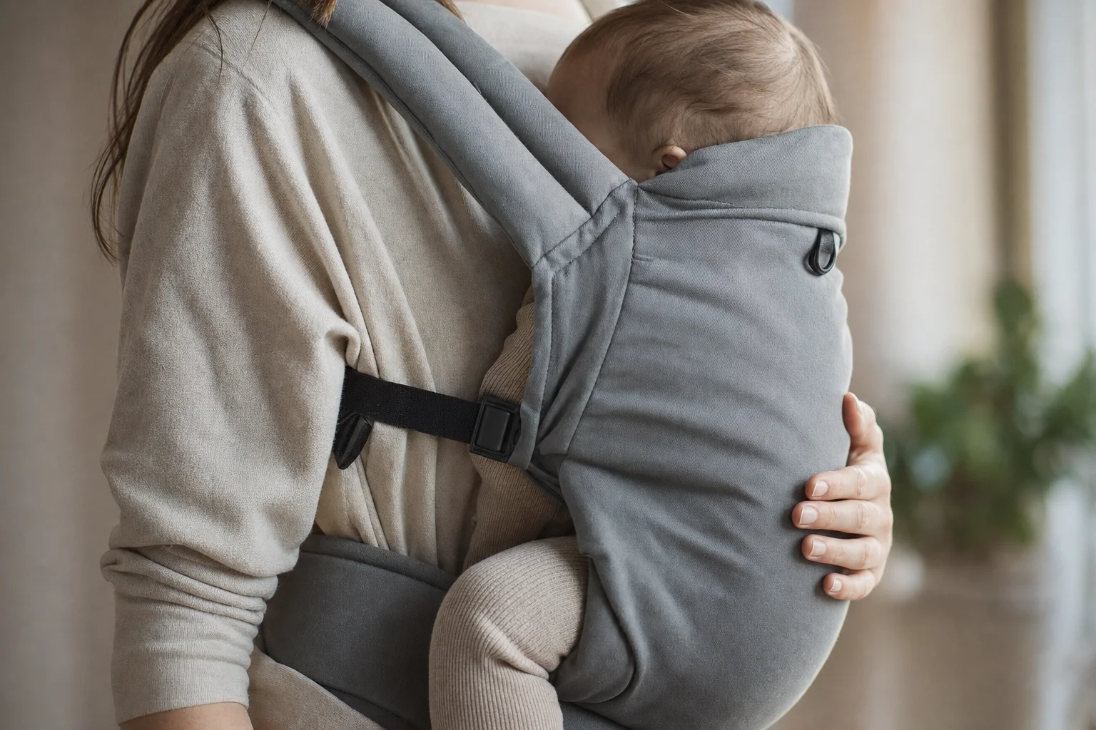 Baby ergonomisch in einer Tragehilfe getragen