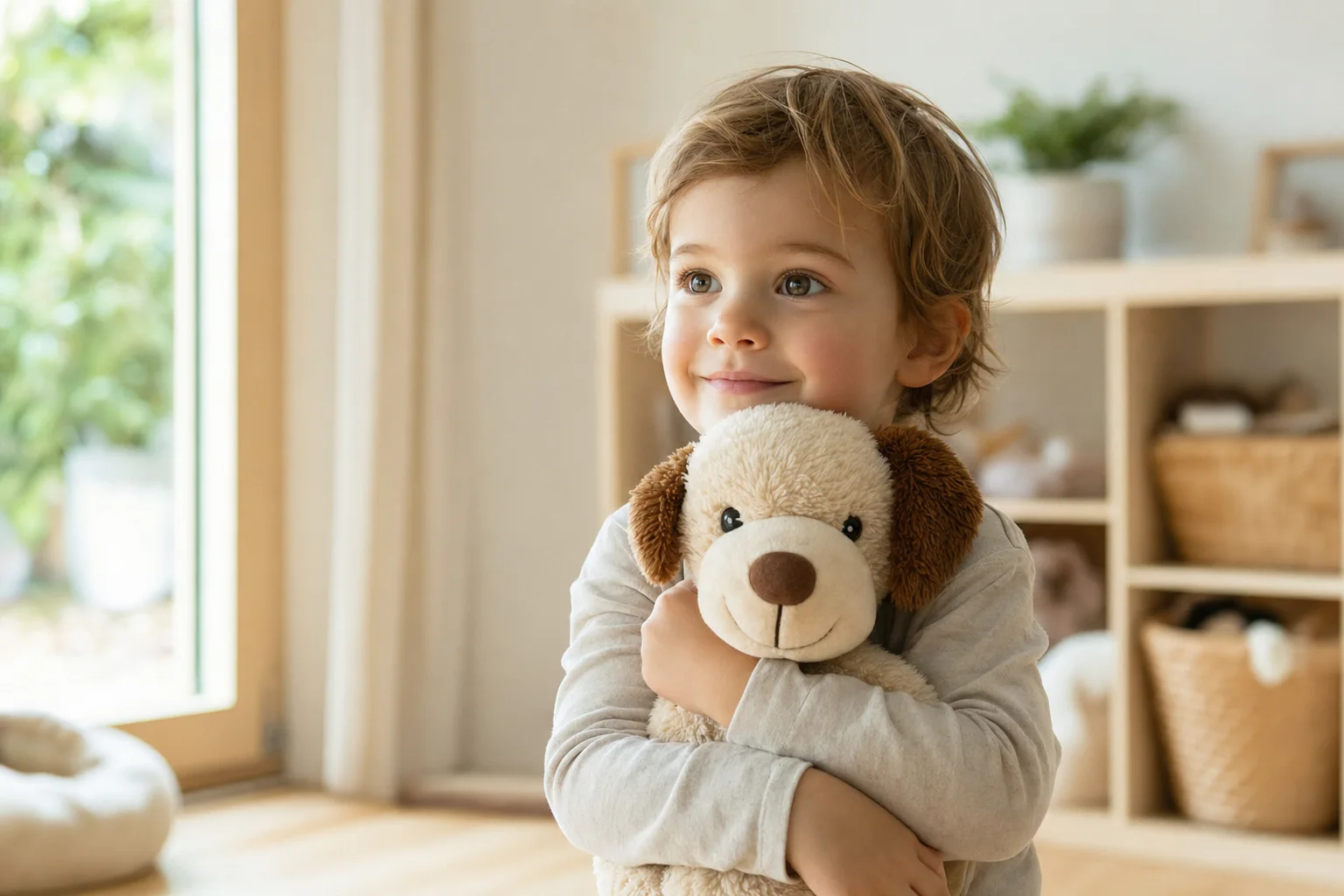 Kind hält sein vertrautes Kuscheltier und wirkt sicher