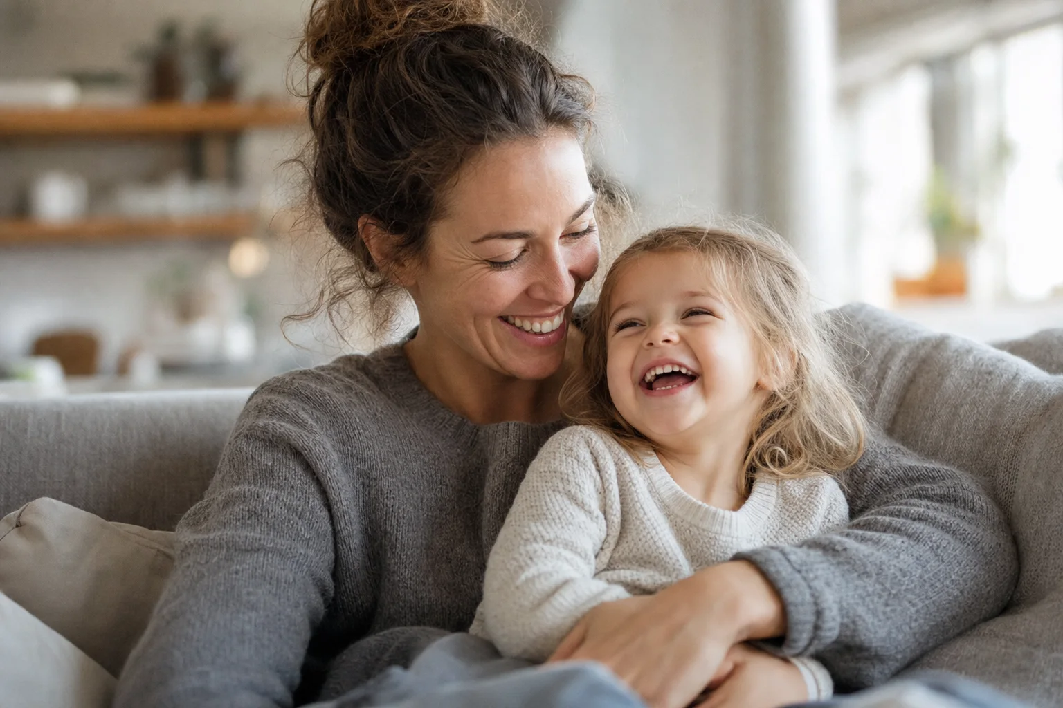 Mutter und dreijähriges Kind lachen verbunden zusammen