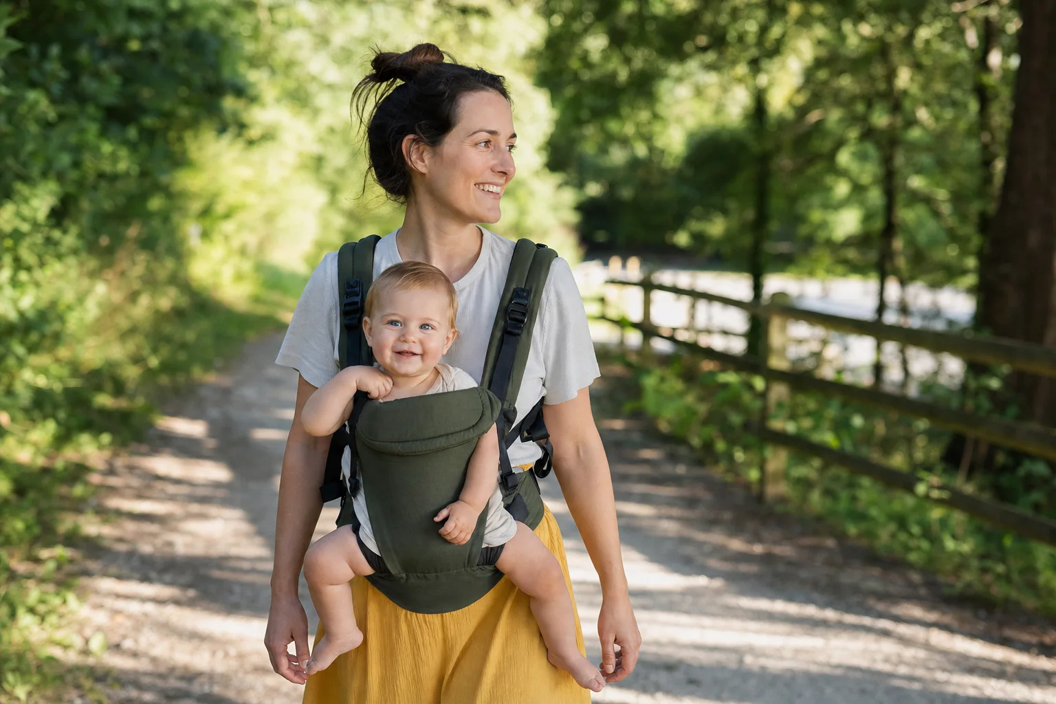 Elternteil ist mit dem Baby in der Trage unterwegs