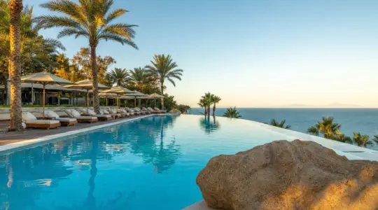 Eleganter Pool eines Premium-Familienresorts am Meer