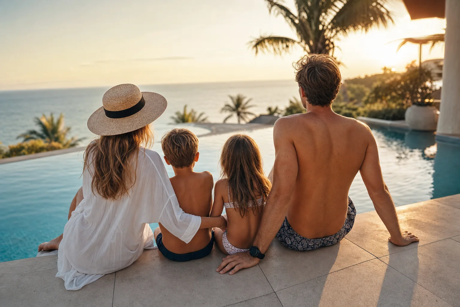 Familie an einem stilvollen Pool mit Meerblick
