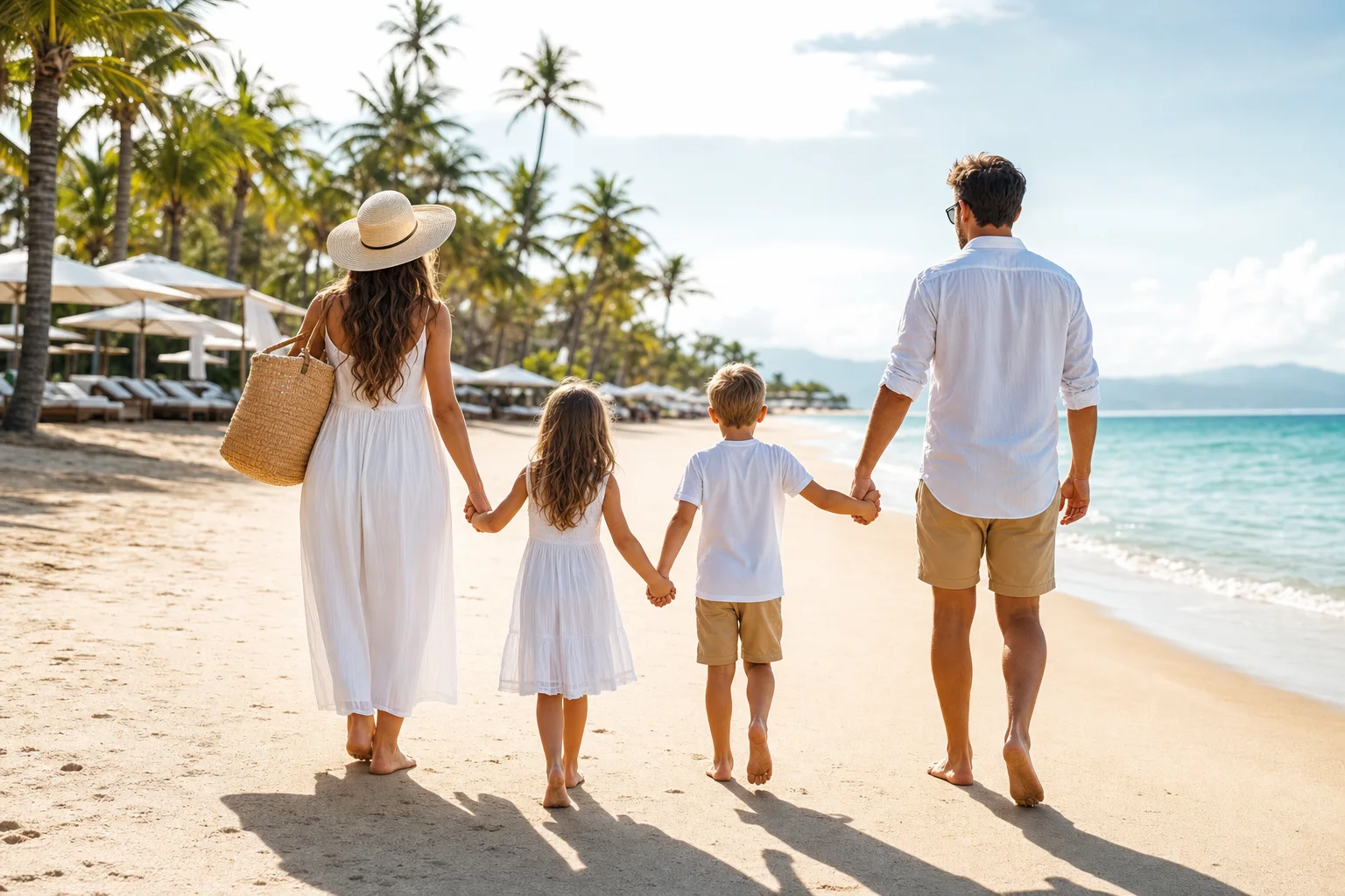 Familie am Sandstrand im Sommerurlaub