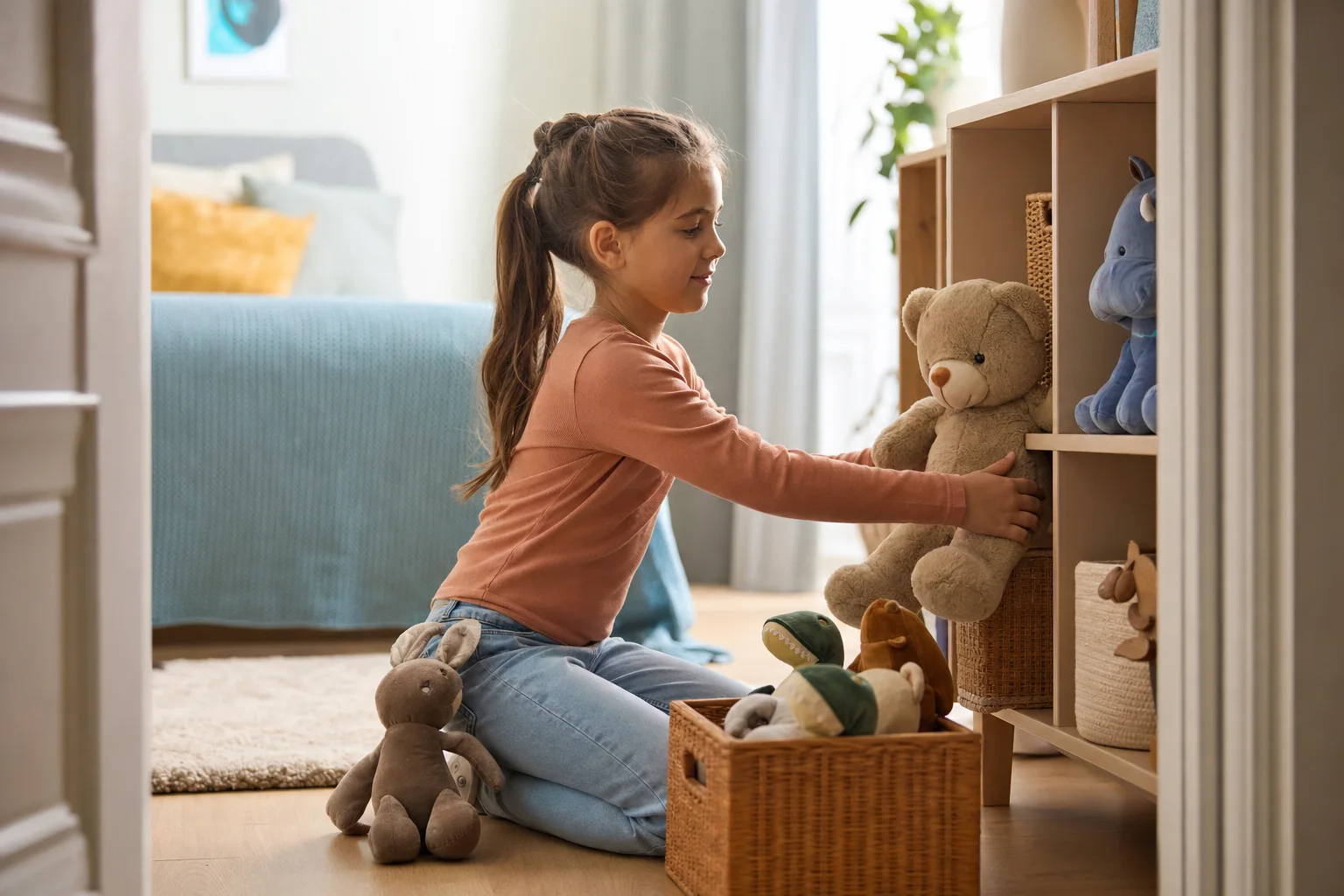 Kind richtet vertraute Lieblingssachen im neuen Zuhause ein