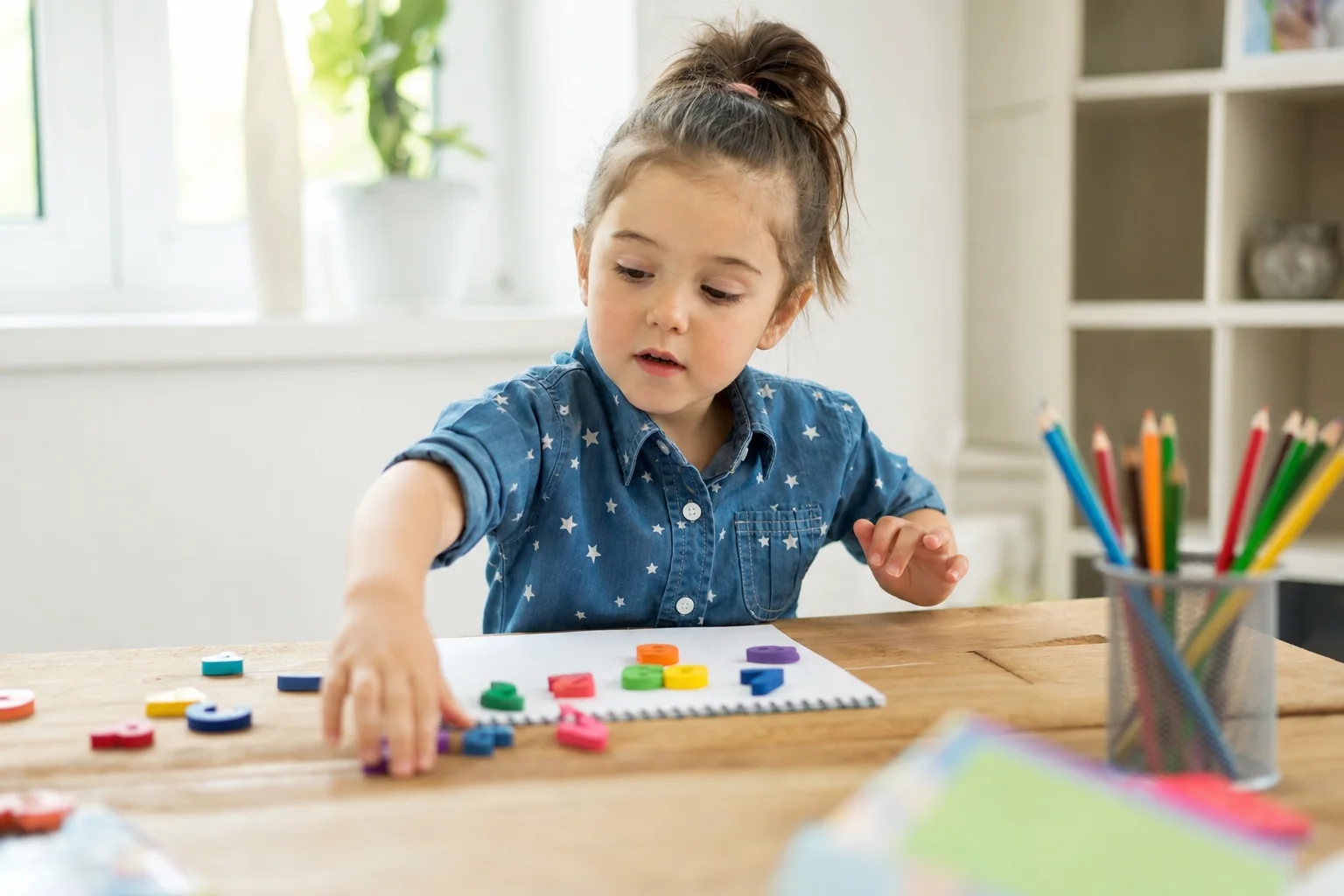 Vorschulkind übt spielerisch mit Stiften und Zahlen