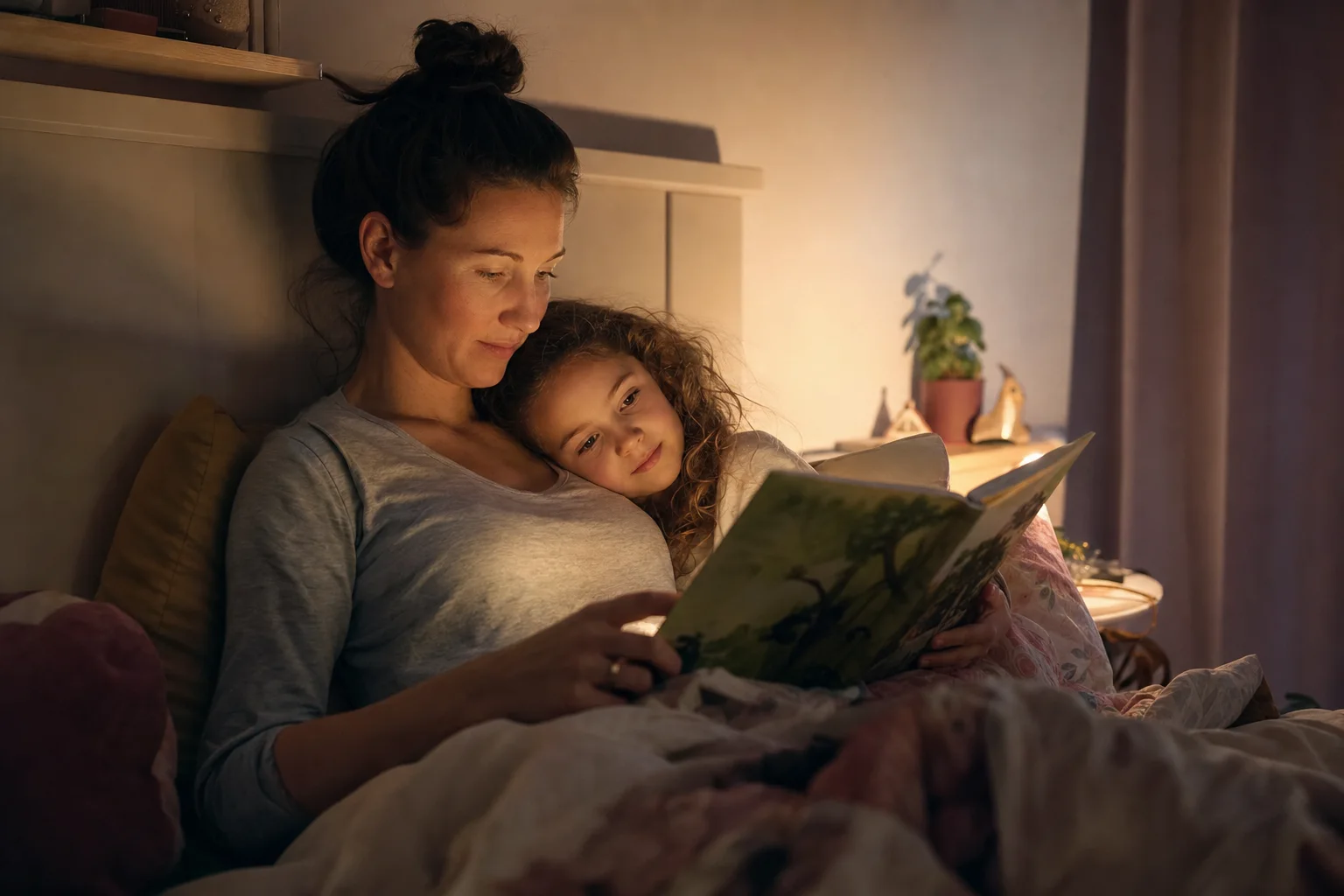 Elternteil und Kind kuscheln abends mit einem Buch