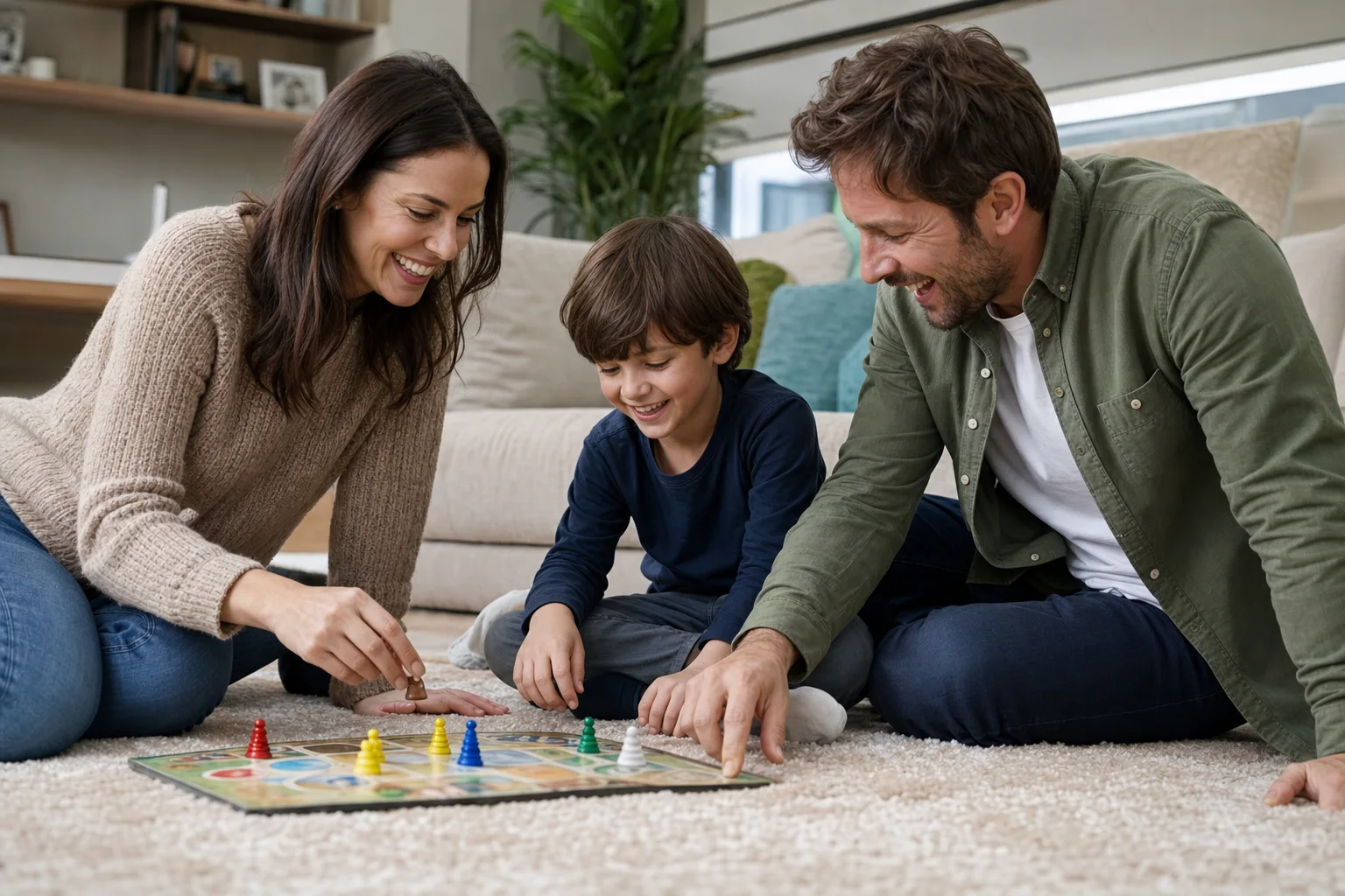 Entspannte Familie spielt zusammen ein Brettspiel