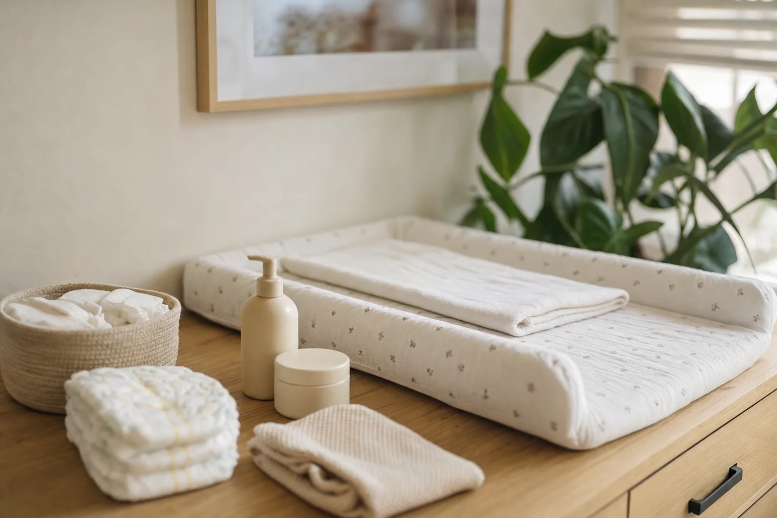 Sanfte Babypflegeprodukte und frische Windeln bereit