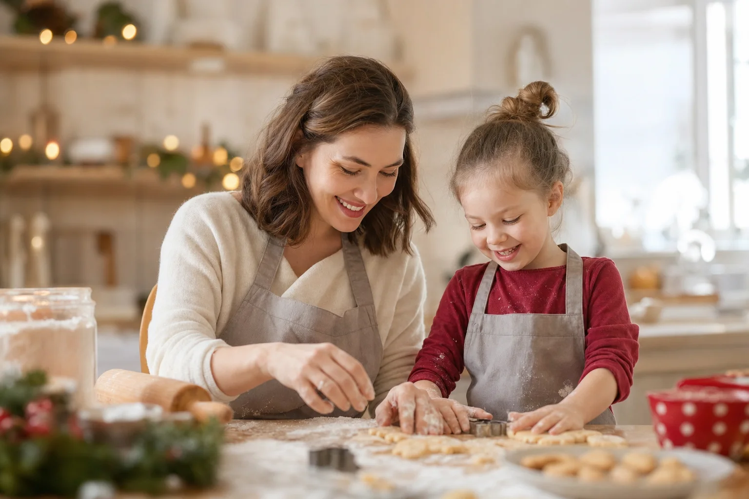 Kind und Elternteil backen vergnügt Weihnachtsplätzchen