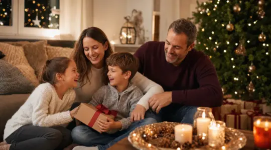 Familie verbringt entspannt einen gemütlichen Weihnachtsabend