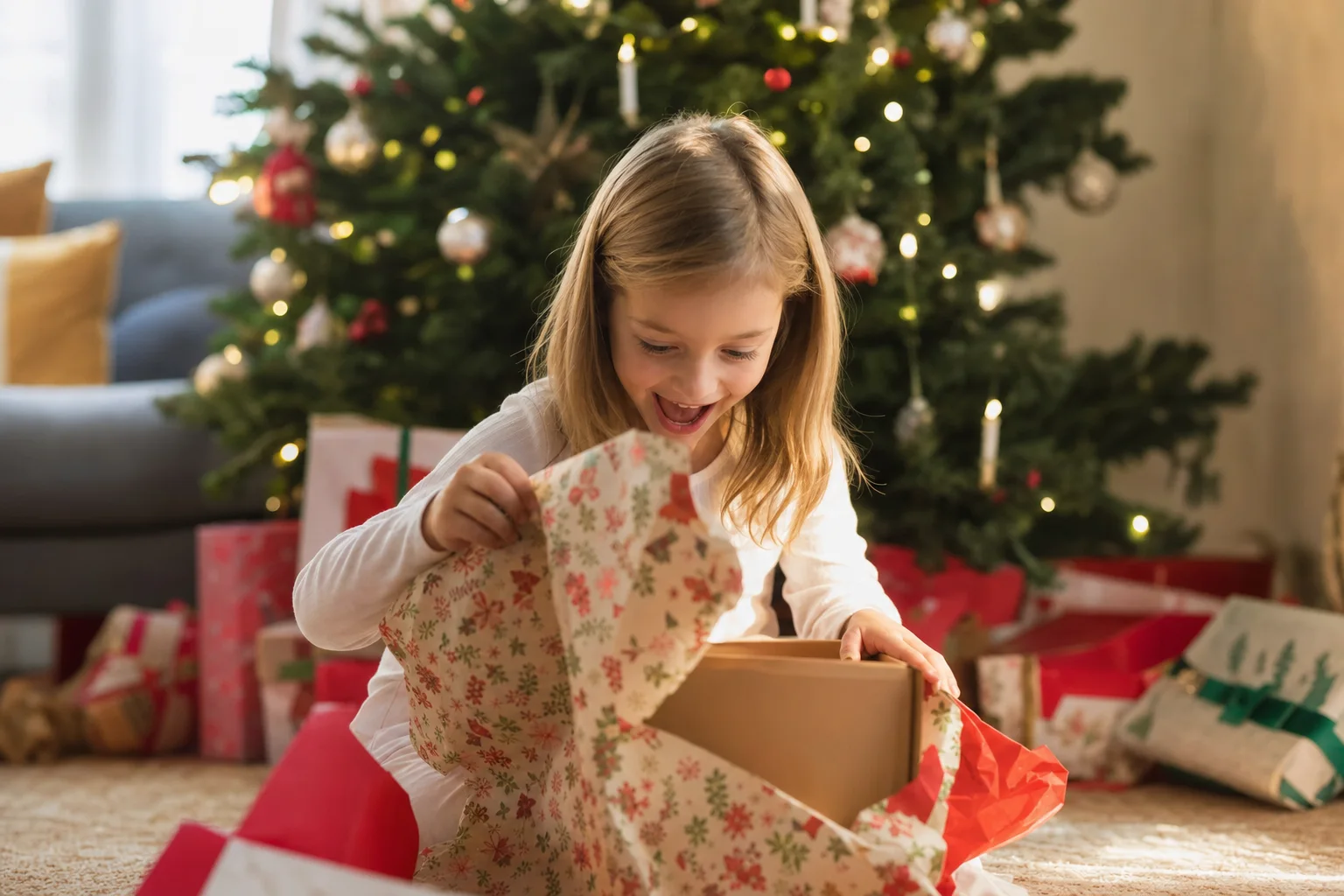 Kind packt strahlend ein Weihnachtsgeschenk aus