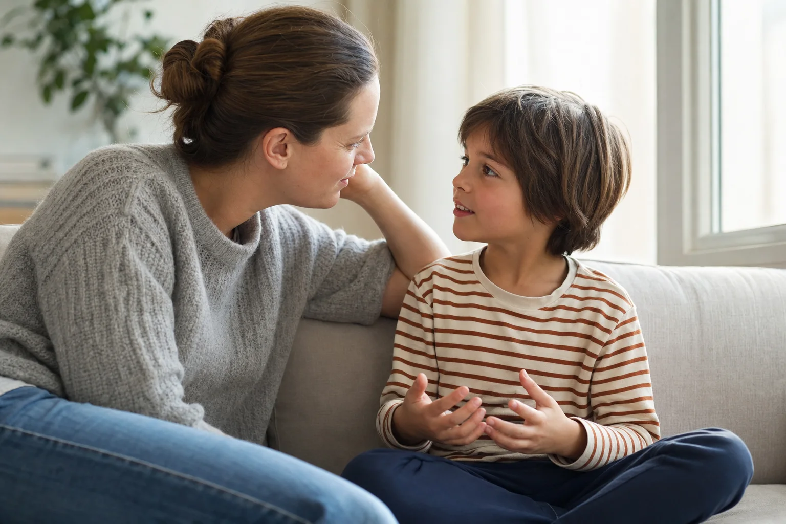 Elternteil und Kind sprechen zugewandt miteinander