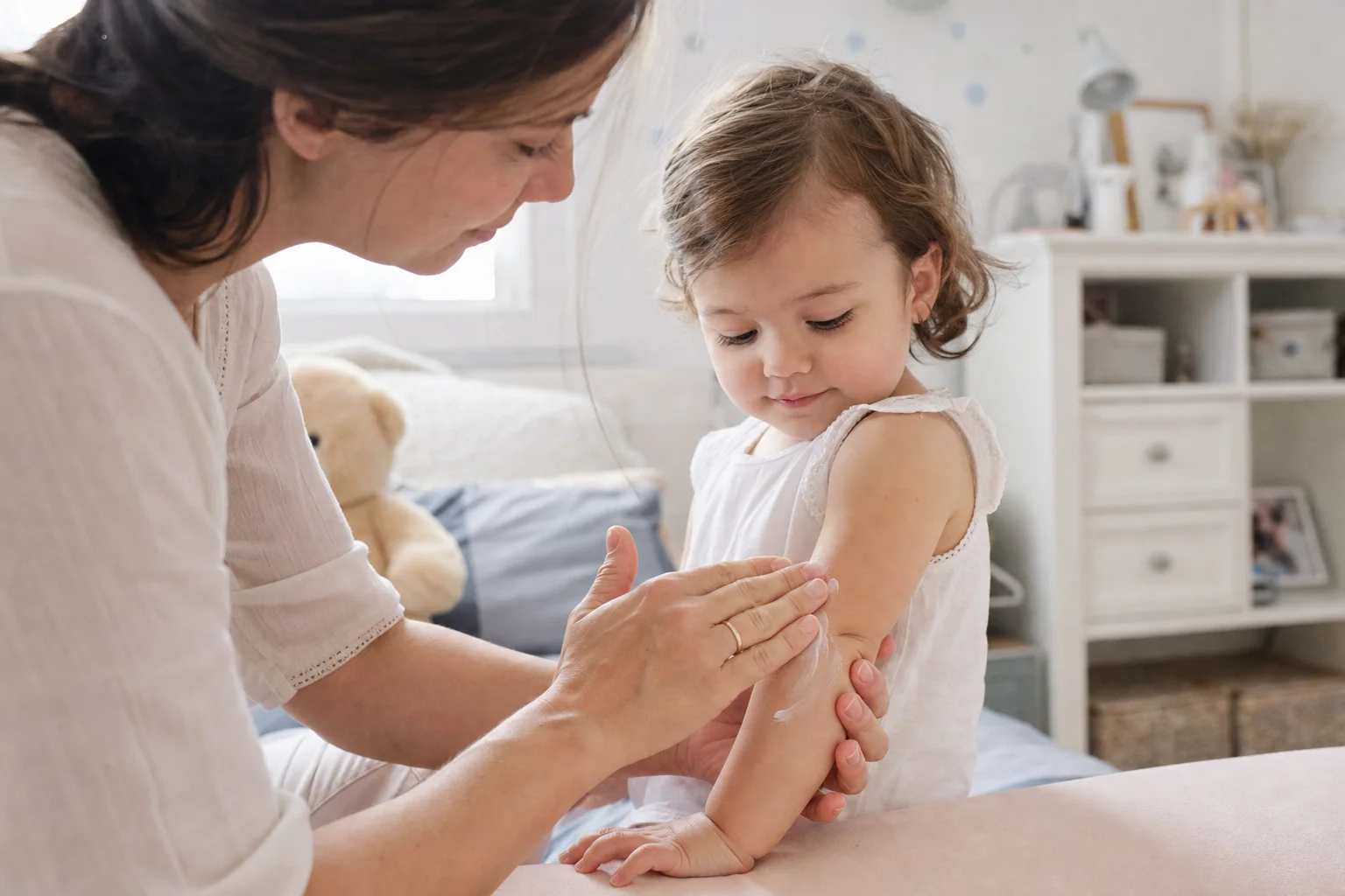 Eltern tragen einem Kind beruhigende Lotion auf