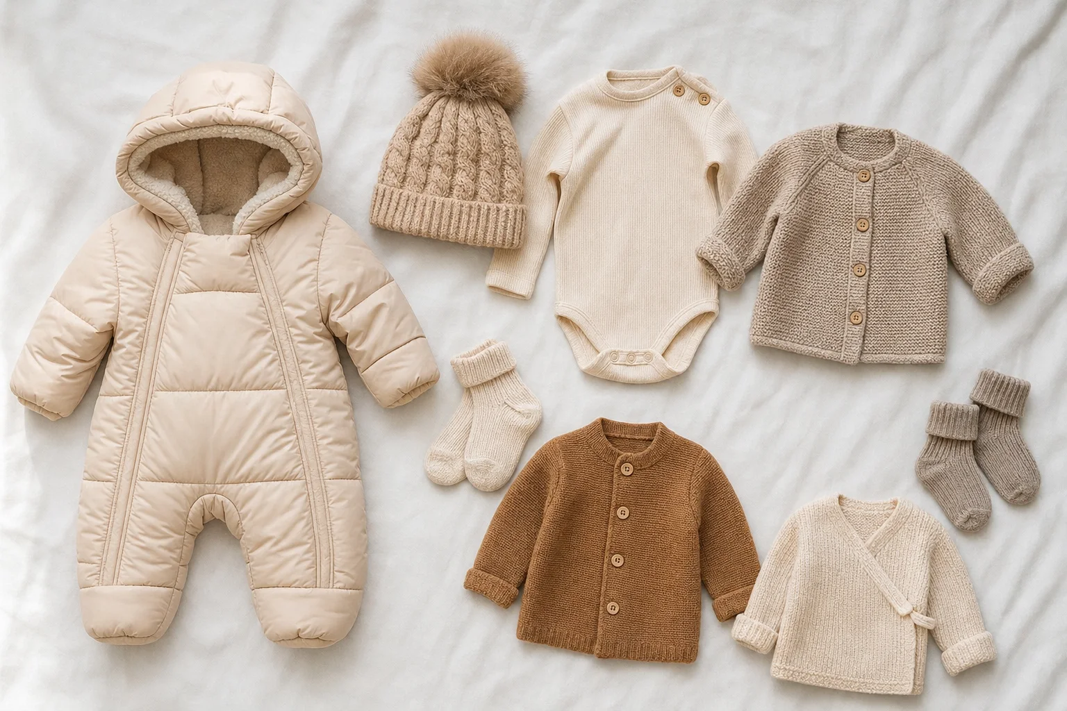 Warme Winter-Babykleidung als Flatlay