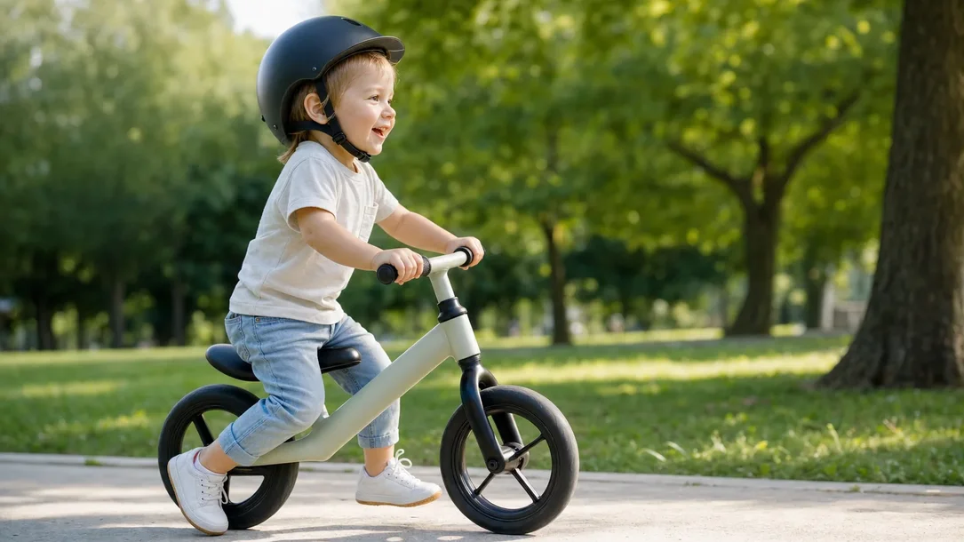Kind fährt mit Helm auf einem leichten Kinder-Laufrad im Park
