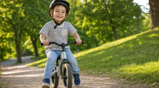 Kind rollt schwungvoll mit Laufrad und Helm durch den Park
