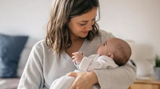 Elternteil hält ein Baby liebevoll und beruhigend im Arm