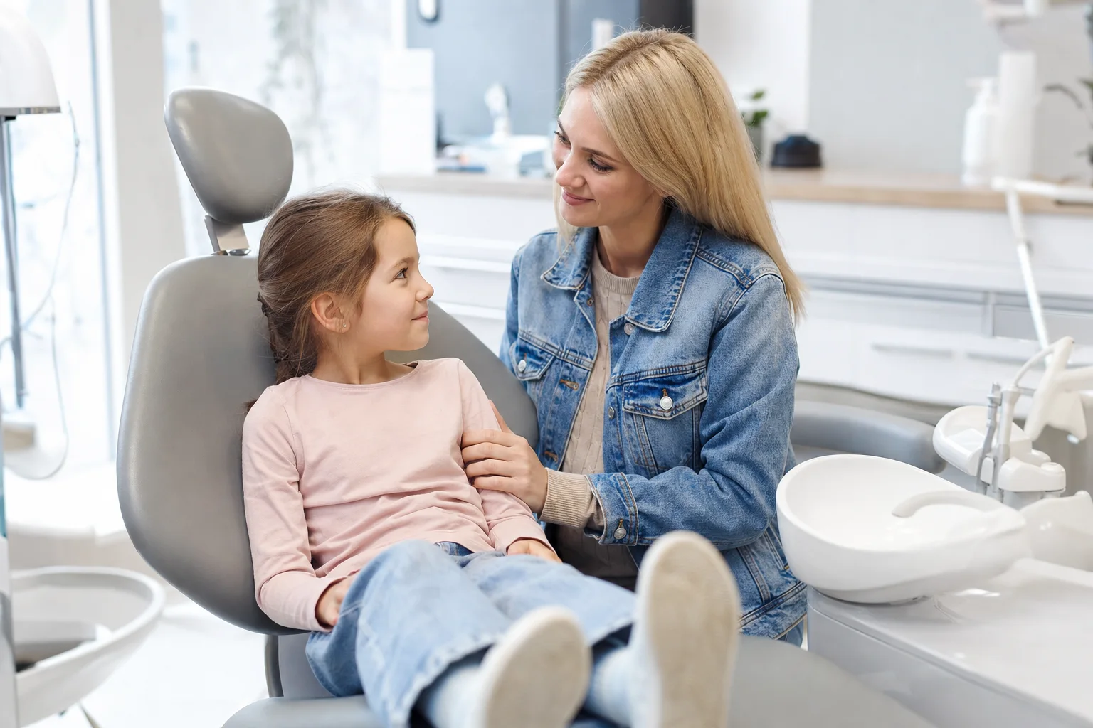 Elternteil sitzt ermutigend neben dem Kind beim Zahnarzt