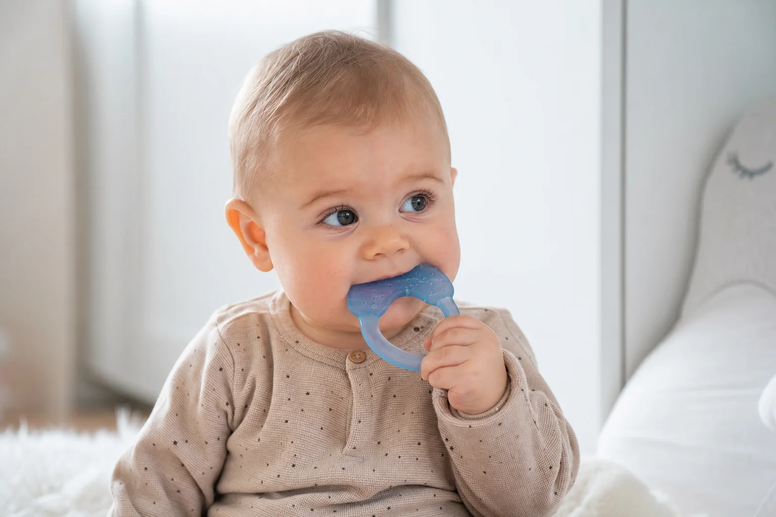 Baby kaut zufrieden auf einem gekühlten Beißring